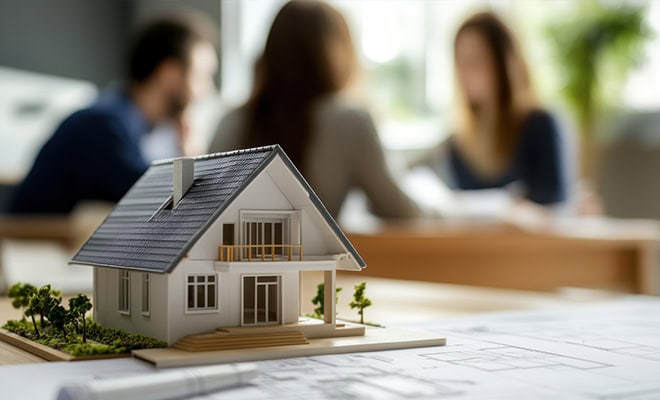 Architects Meeting Over House Model And Blueprints