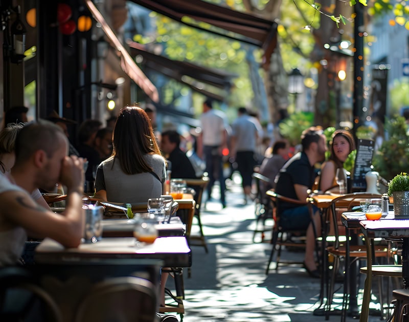 Outdoor Cafe Dining Scene People Lunching Street Terrace