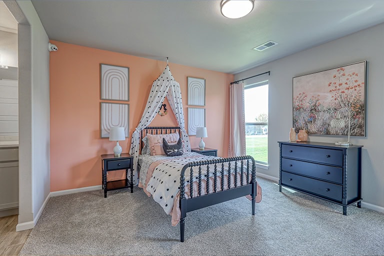 Stylish Girls Bedroom Canopy Bed Pink Accent Wall